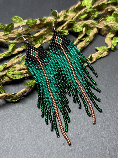 Long handmade black and green beaded earrings with fringe. Boho statement jewelry. Unique native-style statement jewelry, cute bright earrings for women image 10