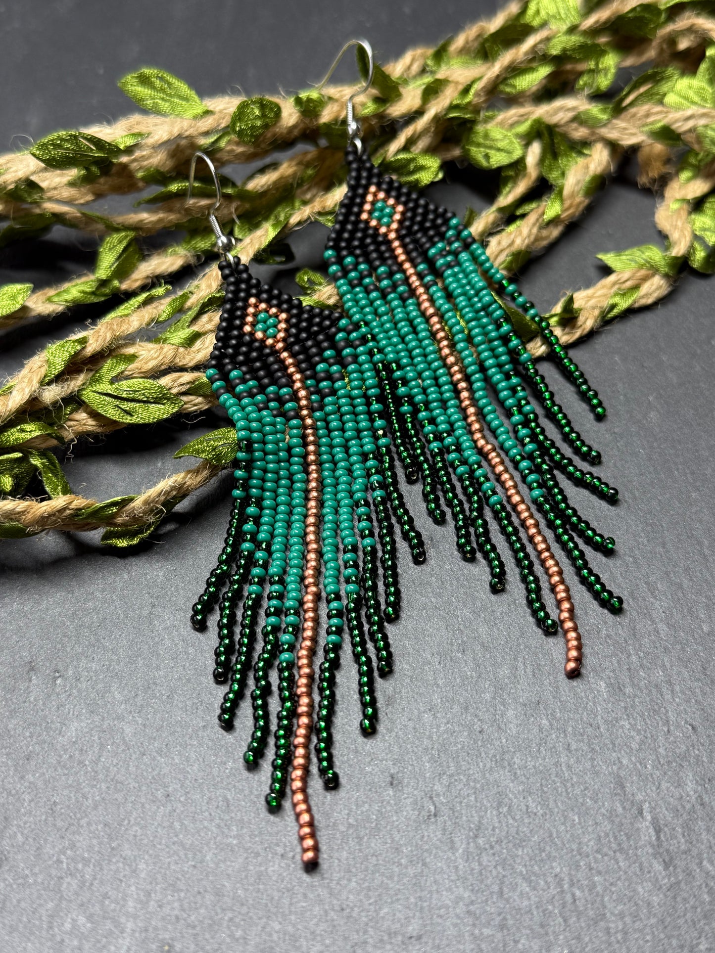 Long handmade black and green beaded earrings with fringe. Boho statement jewelry. Unique native-style statement jewelry, cute bright earrings for women image 11