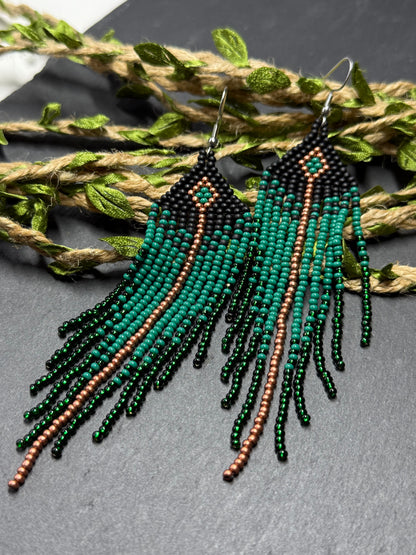 Long handmade black and green beaded earrings with fringe. Boho statement jewelry. Unique native-style statement jewelry, cute bright earrings for women image 12