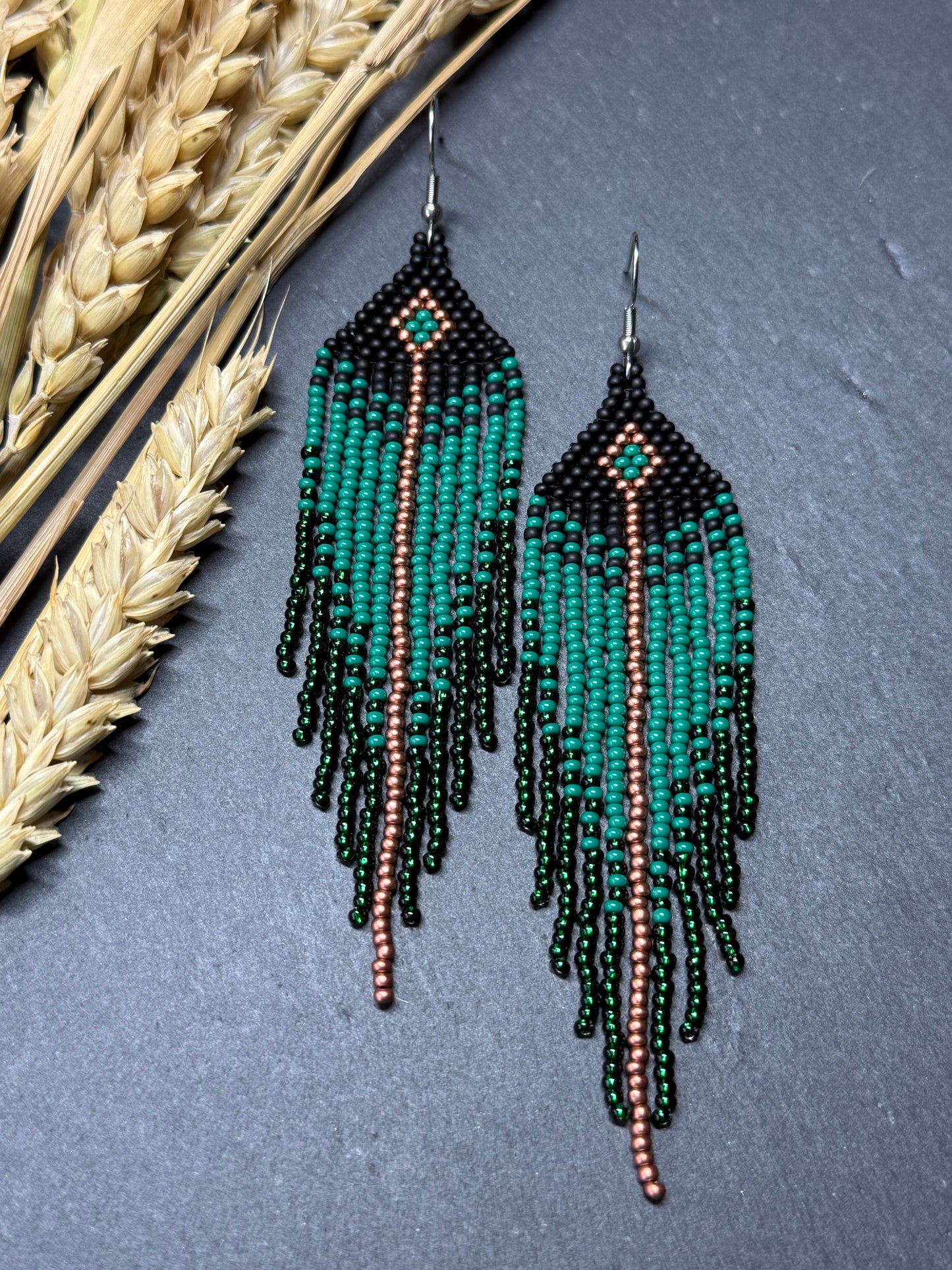 Long handmade black and green beaded earrings with fringe. Boho statement jewelry. Unique native-style statement jewelry, cute bright earrings for women image 13