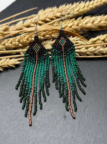 Long handmade black and green beaded earrings with fringe. Boho statement jewelry. Unique native-style statement jewelry, cute bright earrings for women image 14