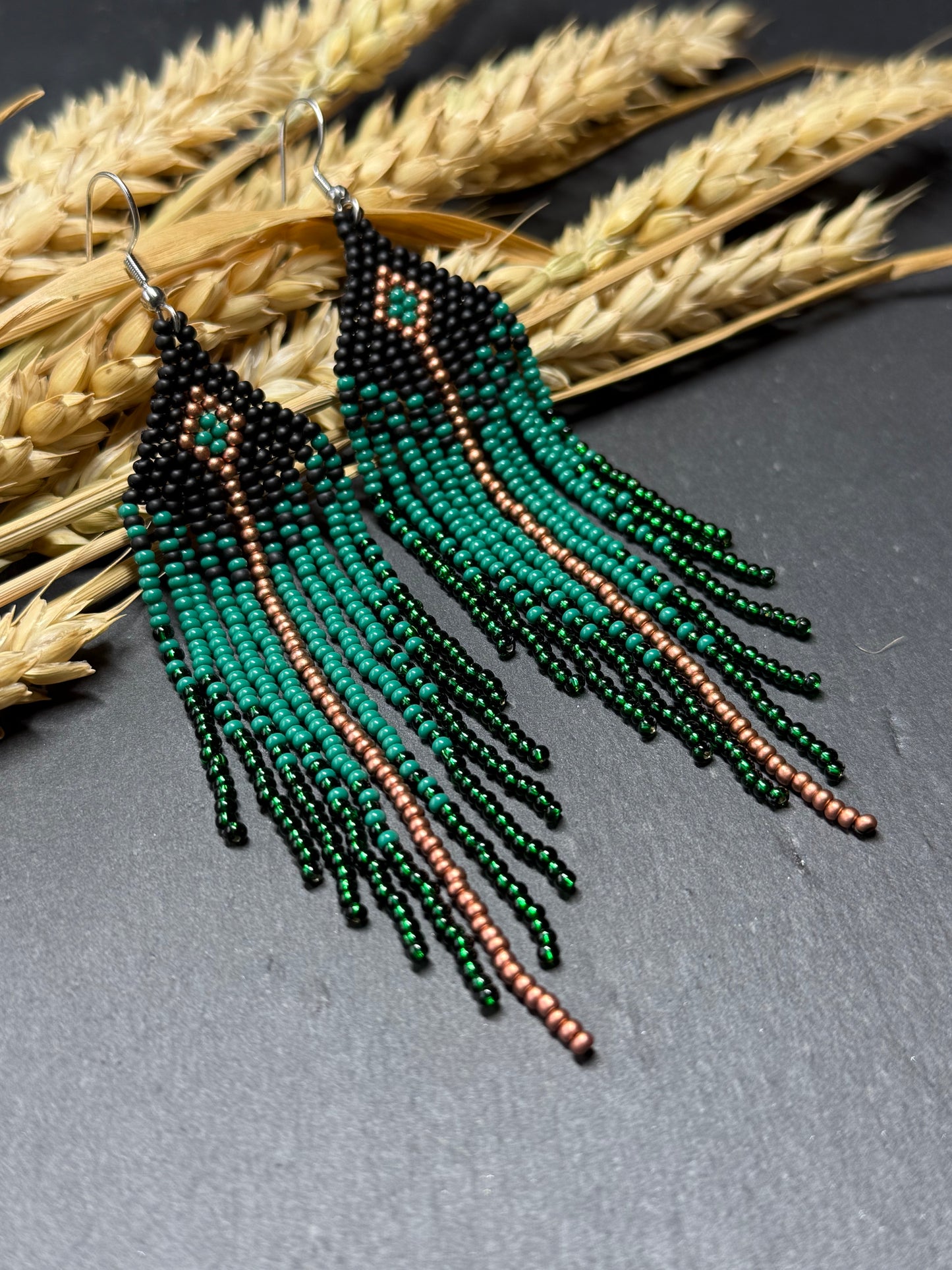 Long handmade black and green beaded earrings with fringe. Boho statement jewelry. Unique native-style statement jewelry, cute bright earrings for women image 15