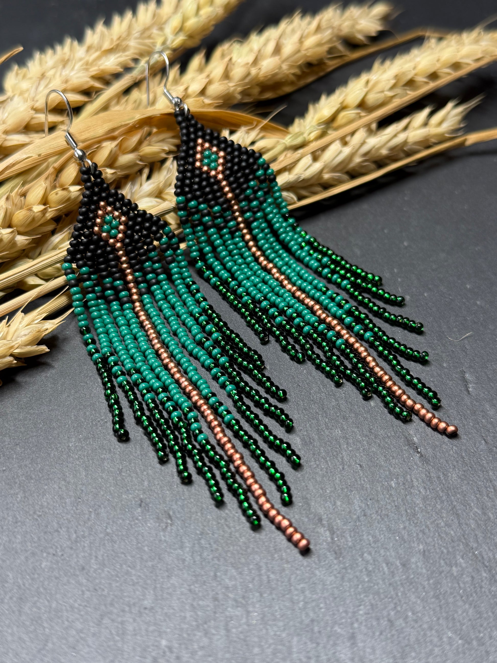 Long handmade black and green beaded earrings with fringe. Boho statement jewelry. Unique native-style statement jewelry, cute bright earrings for women image 15