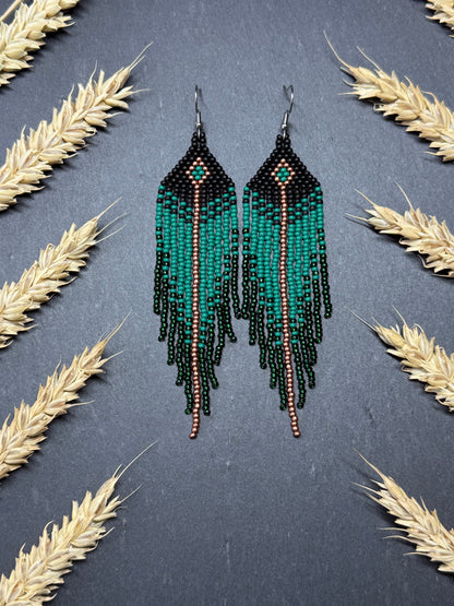 Long handmade black and green beaded earrings with fringe. Boho statement jewelry. Unique native-style statement jewelry, cute bright earrings for women image 16