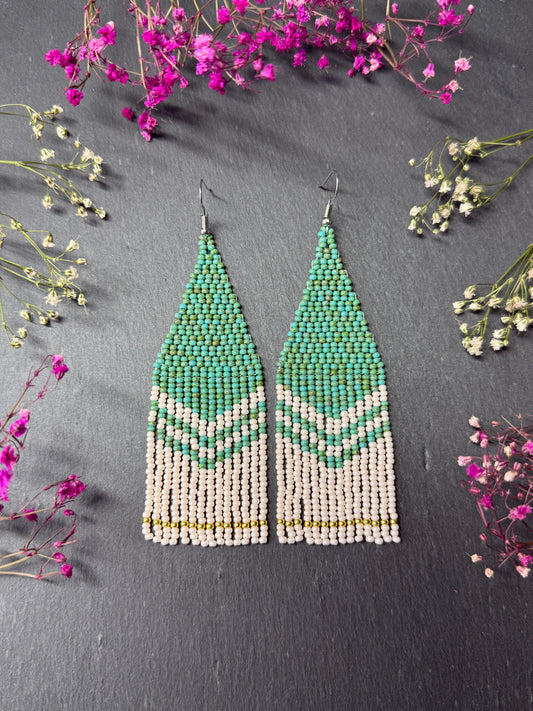 Handmade long turquoise and beige beaded boho earrings with fringe and silver accents. Unique native-style statement jewelry, cute bright earrings for women image 1