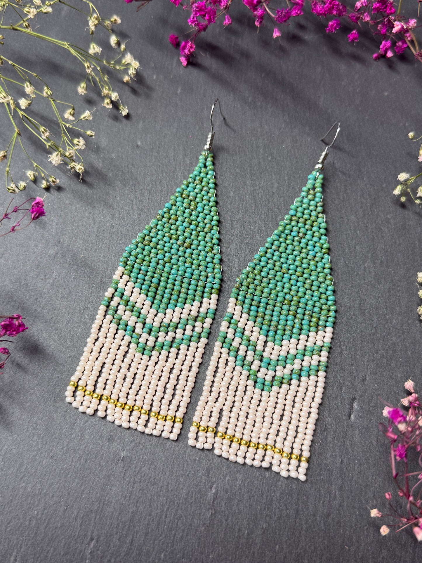 Handmade long turquoise and beige beaded boho earrings with fringe and silver accents. Unique native-style statement jewelry, cute bright earrings for women image 3