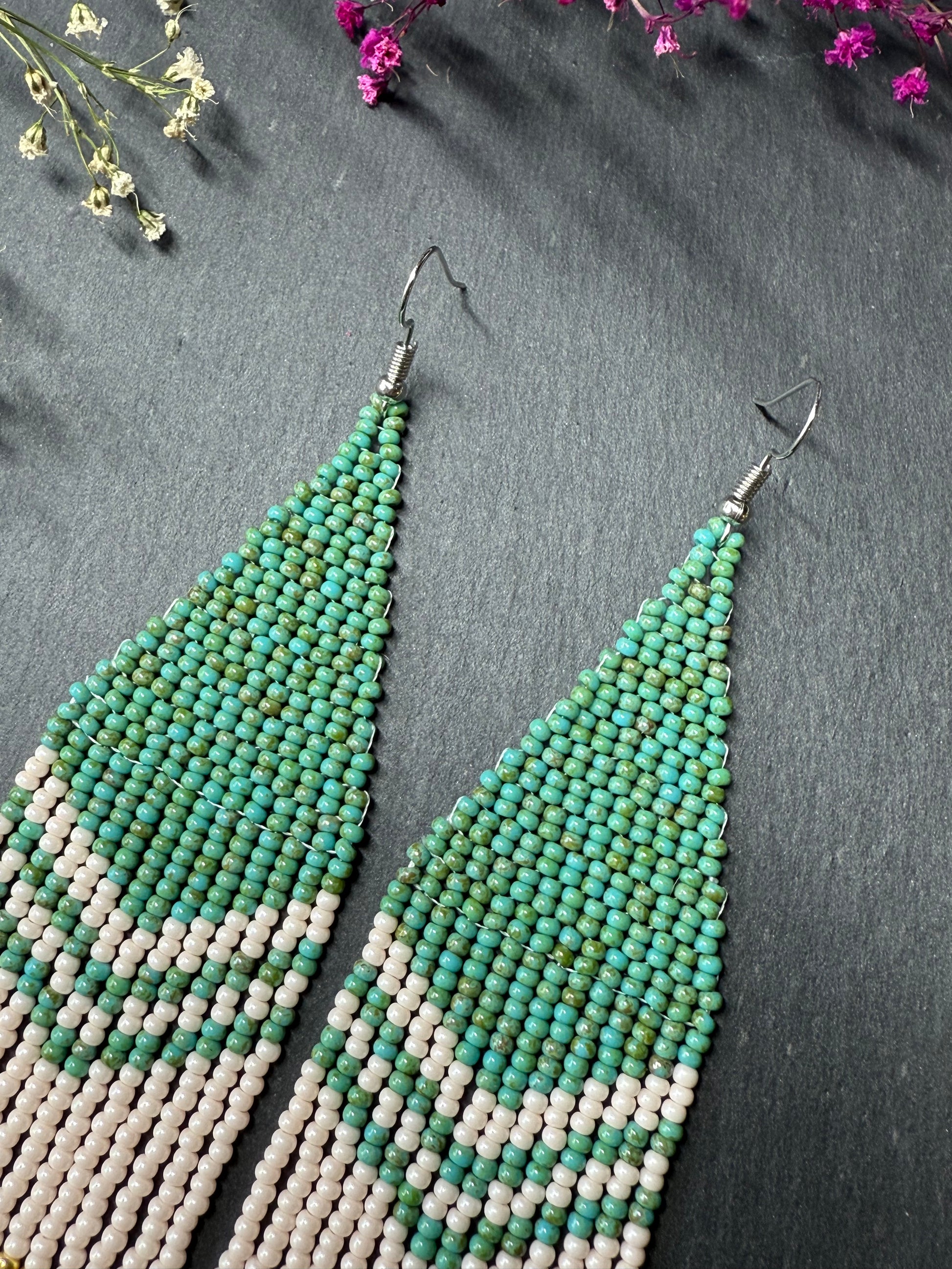Handmade long turquoise and beige beaded boho earrings with fringe and silver accents. Unique native-style statement jewelry, cute bright earrings for women image 4