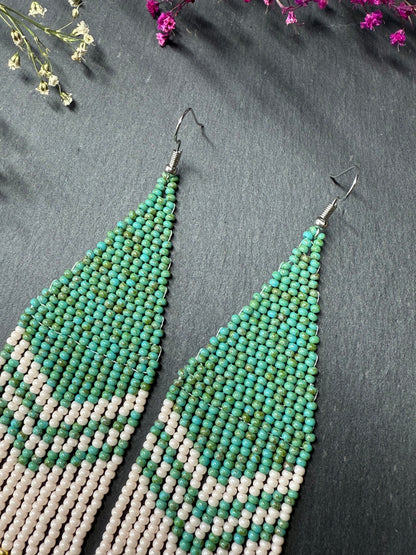 Handmade long turquoise and beige beaded boho earrings with fringe and silver accents. Unique native-style statement jewelry, cute bright earrings for women image 4