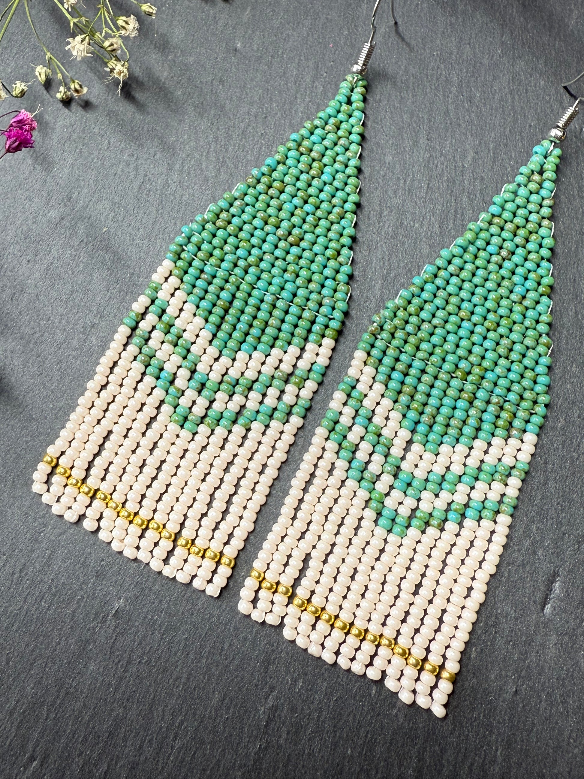Handmade long turquoise and beige beaded boho earrings with fringe and silver accents. Unique native-style statement jewelry, cute bright earrings for women image 5