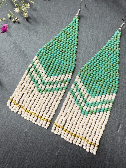 Handmade long turquoise and beige beaded boho earrings with fringe and silver accents. Unique native-style statement jewelry, cute bright earrings for women image 5