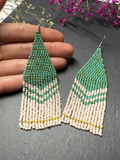 Handmade long turquoise and beige beaded boho earrings with fringe and silver accents. Unique native-style statement jewelry, cute bright earrings for women image 6