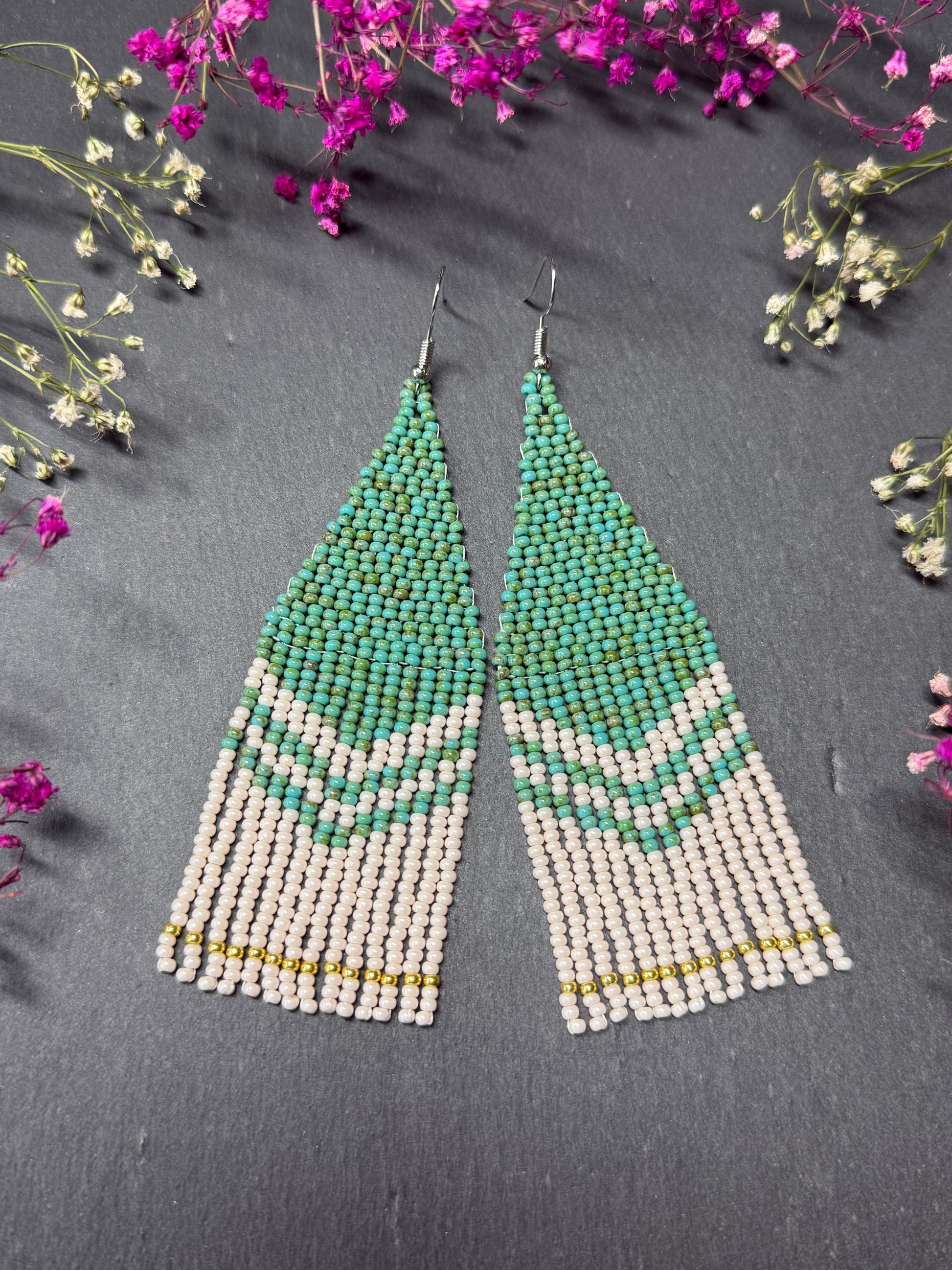 Handmade long turquoise and beige beaded boho earrings with fringe and silver accents. Unique native-style statement jewelry, cute bright earrings for women image 7