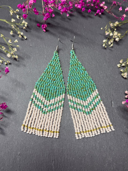 Handmade long turquoise and beige beaded boho earrings with fringe and silver accents. Unique native-style statement jewelry, cute bright earrings for women image 7