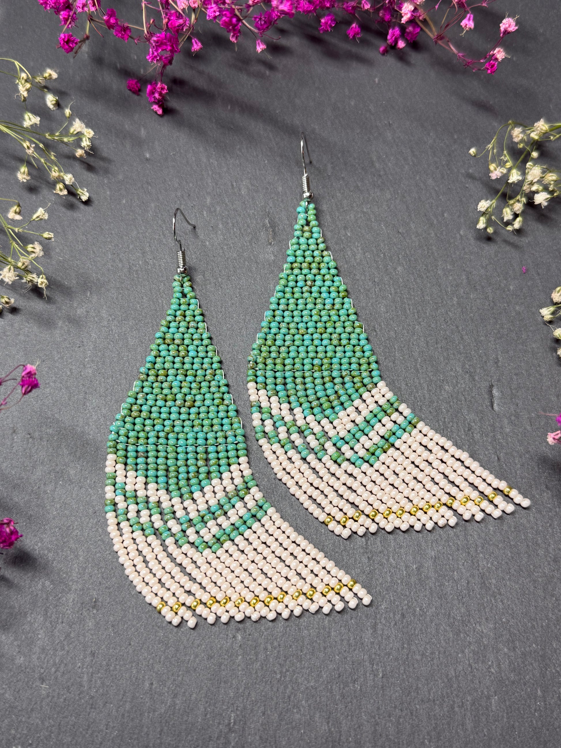 Handmade long turquoise and beige beaded boho earrings with fringe and silver accents. Unique native-style statement jewelry, cute bright earrings for women image 8