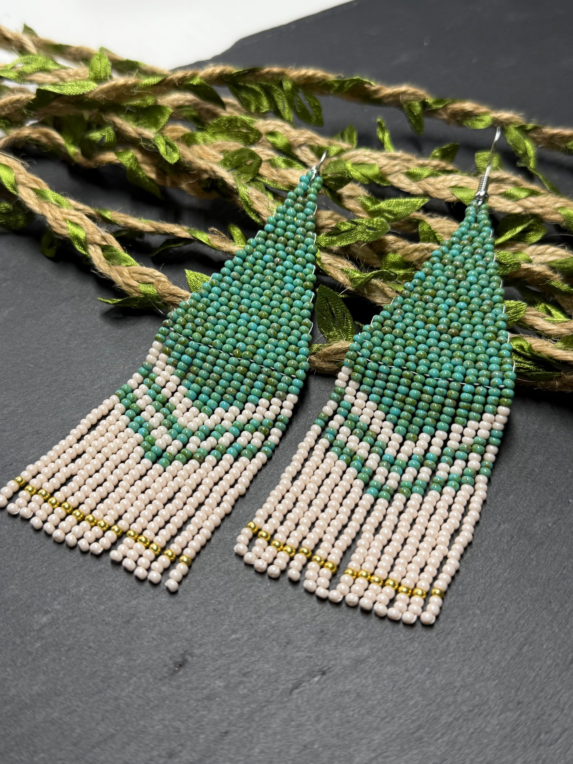Handmade long turquoise and beige beaded boho earrings with fringe and silver accents. Unique native-style statement jewelry, cute bright earrings for women image 9