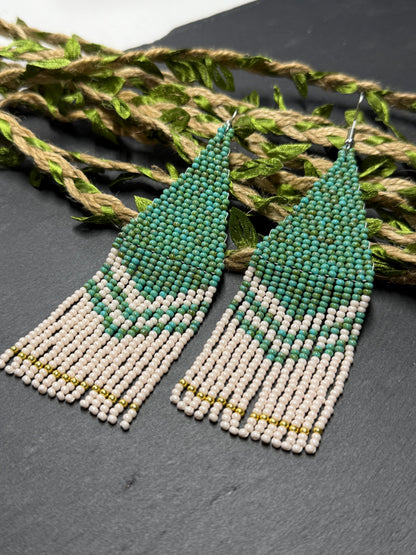 Handmade long turquoise and beige beaded boho earrings with fringe and silver accents. Unique native-style statement jewelry, cute bright earrings for women image 9