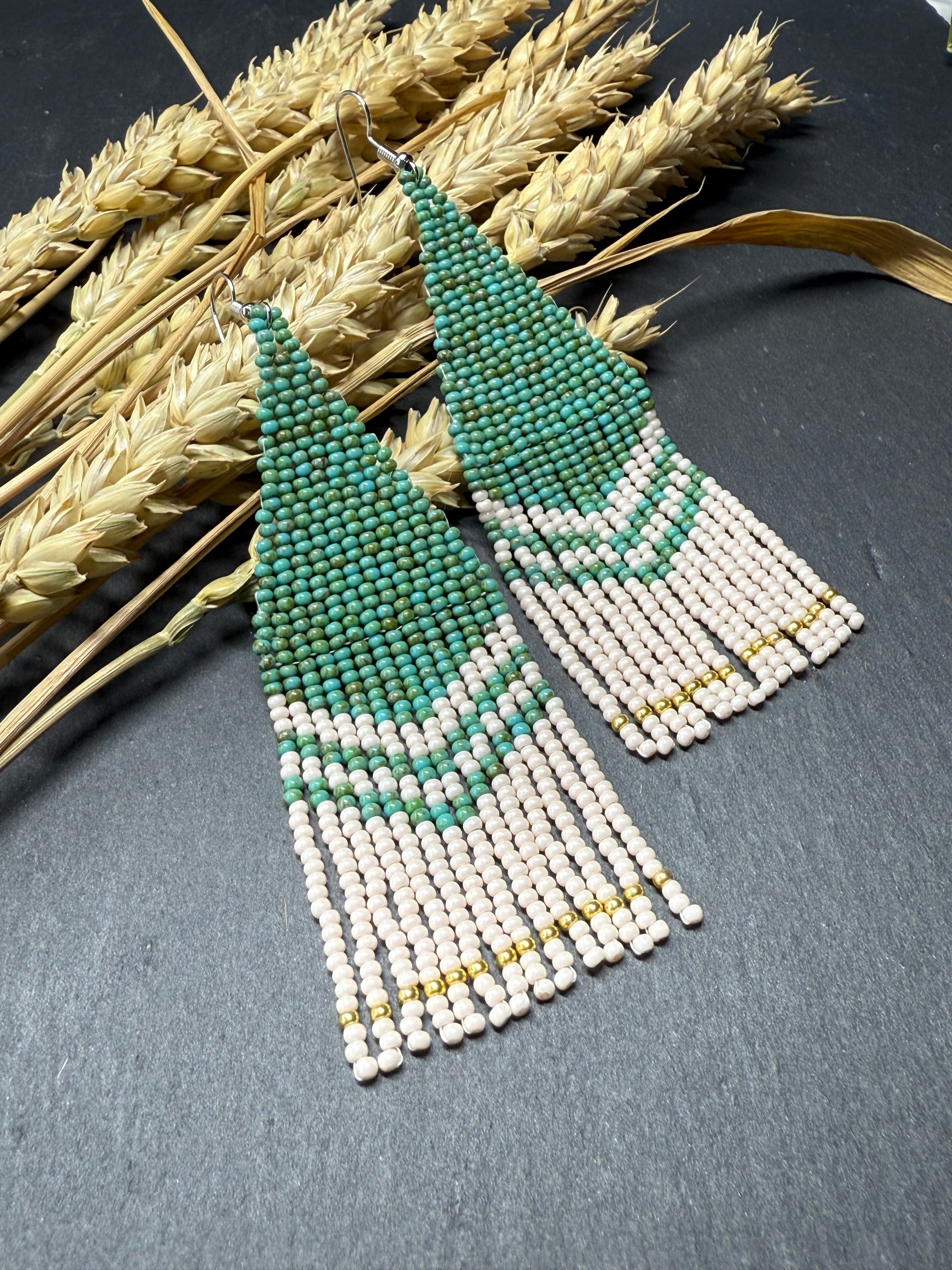 Handmade long turquoise and beige beaded boho earrings with fringe and silver accents. Unique native-style statement jewelry, cute bright earrings for women image 11