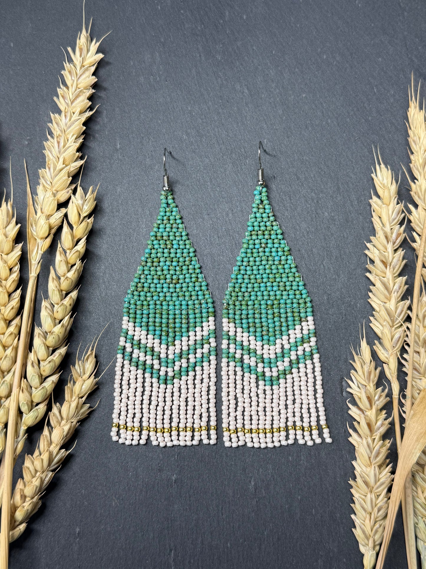 Handmade long turquoise and beige beaded boho earrings with fringe and silver accents. Unique native-style statement jewelry, cute bright earrings for women image 10