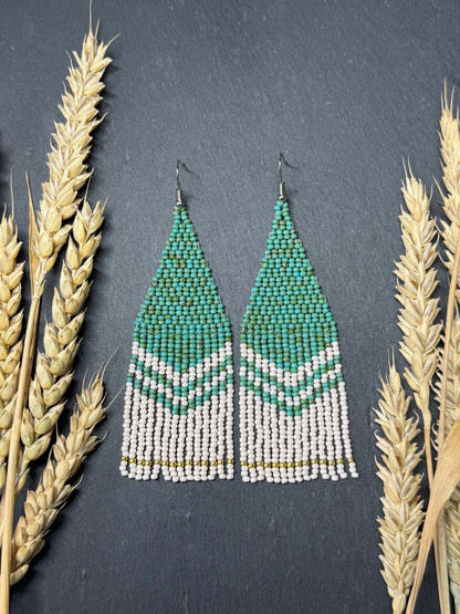 Handmade long turquoise and beige beaded boho earrings with fringe and silver accents. Unique native-style statement jewelry, cute bright earrings for women image 10