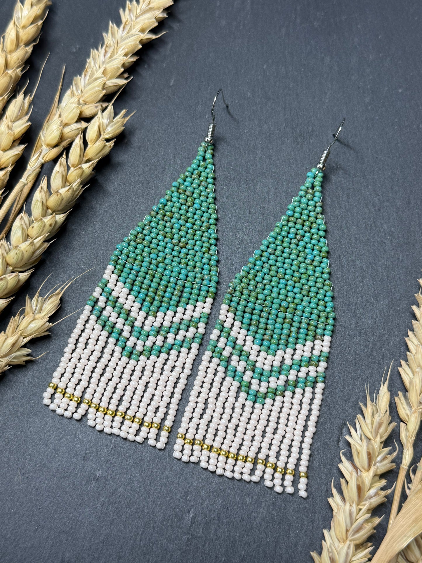 Handmade long turquoise and beige beaded boho earrings with fringe and silver accents. Unique native-style statement jewelry, cute bright earrings for women image 12