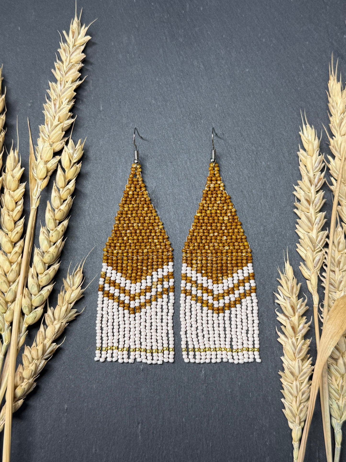 Handmade long brown and beige beaded boho earrings with fringe and silver accents. Unique native-style statement jewelry, cute bright earrings for women image 9
