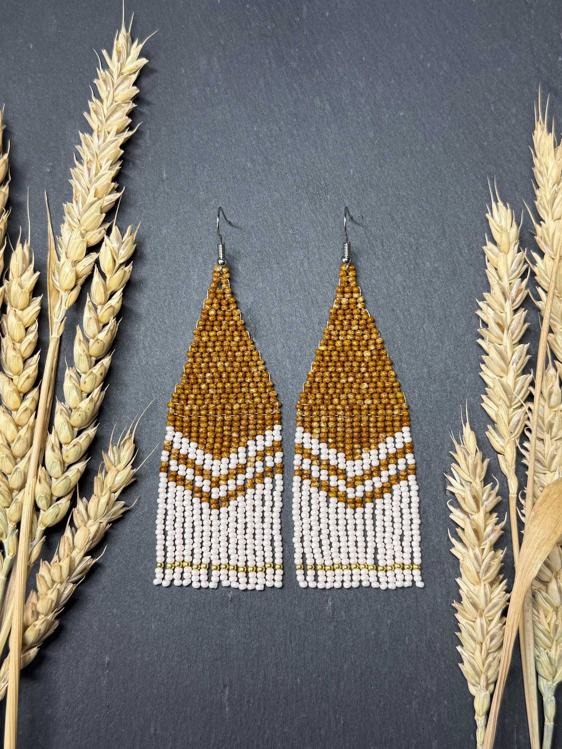Handmade long brown and beige beaded boho earrings with fringe and silver accents. Unique native-style statement jewelry, cute bright earrings for women image 9