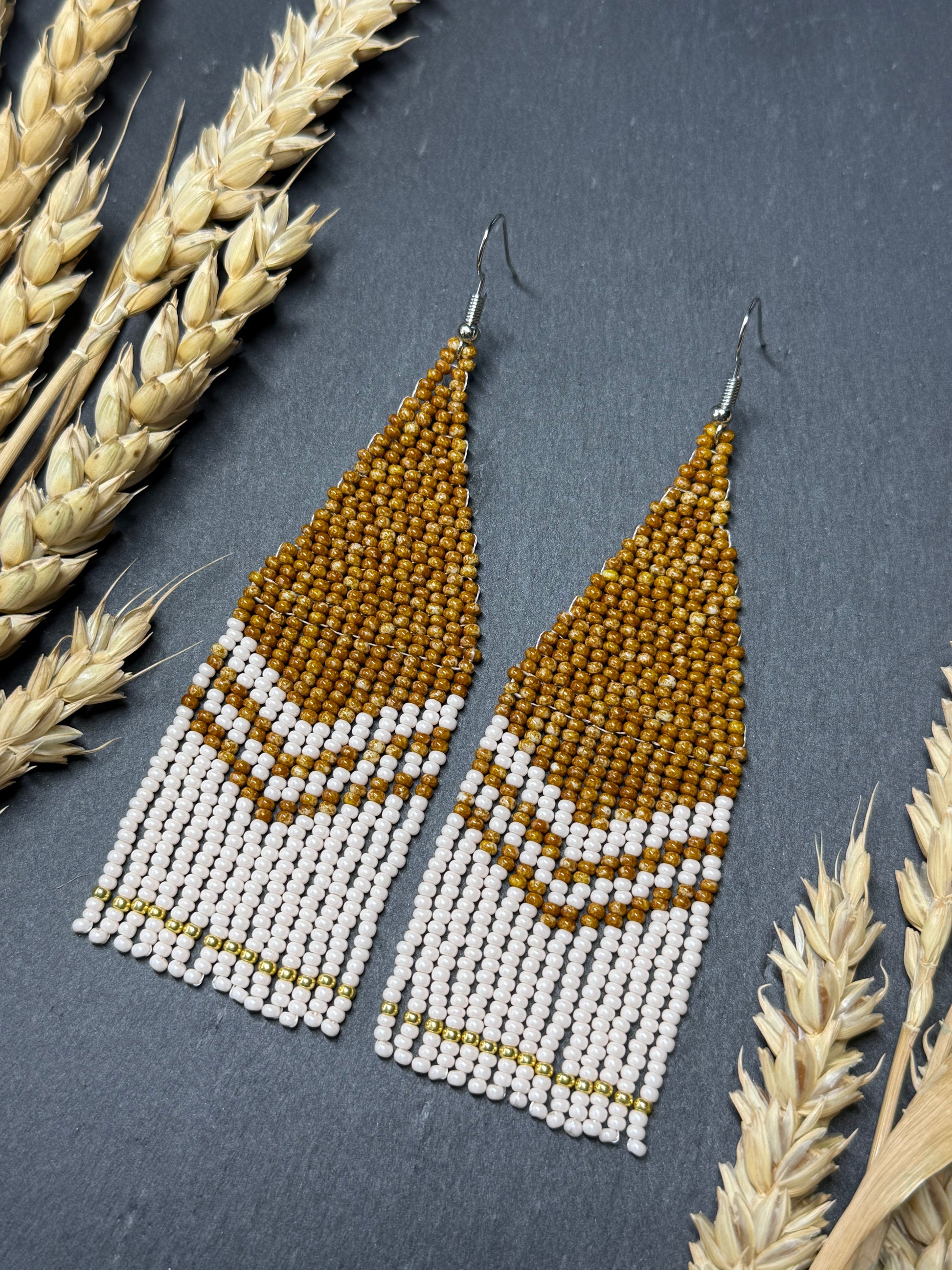 Handmade long brown and beige beaded boho earrings with fringe and silver accents. Unique native-style statement jewelry, cute bright earrings for women image 10