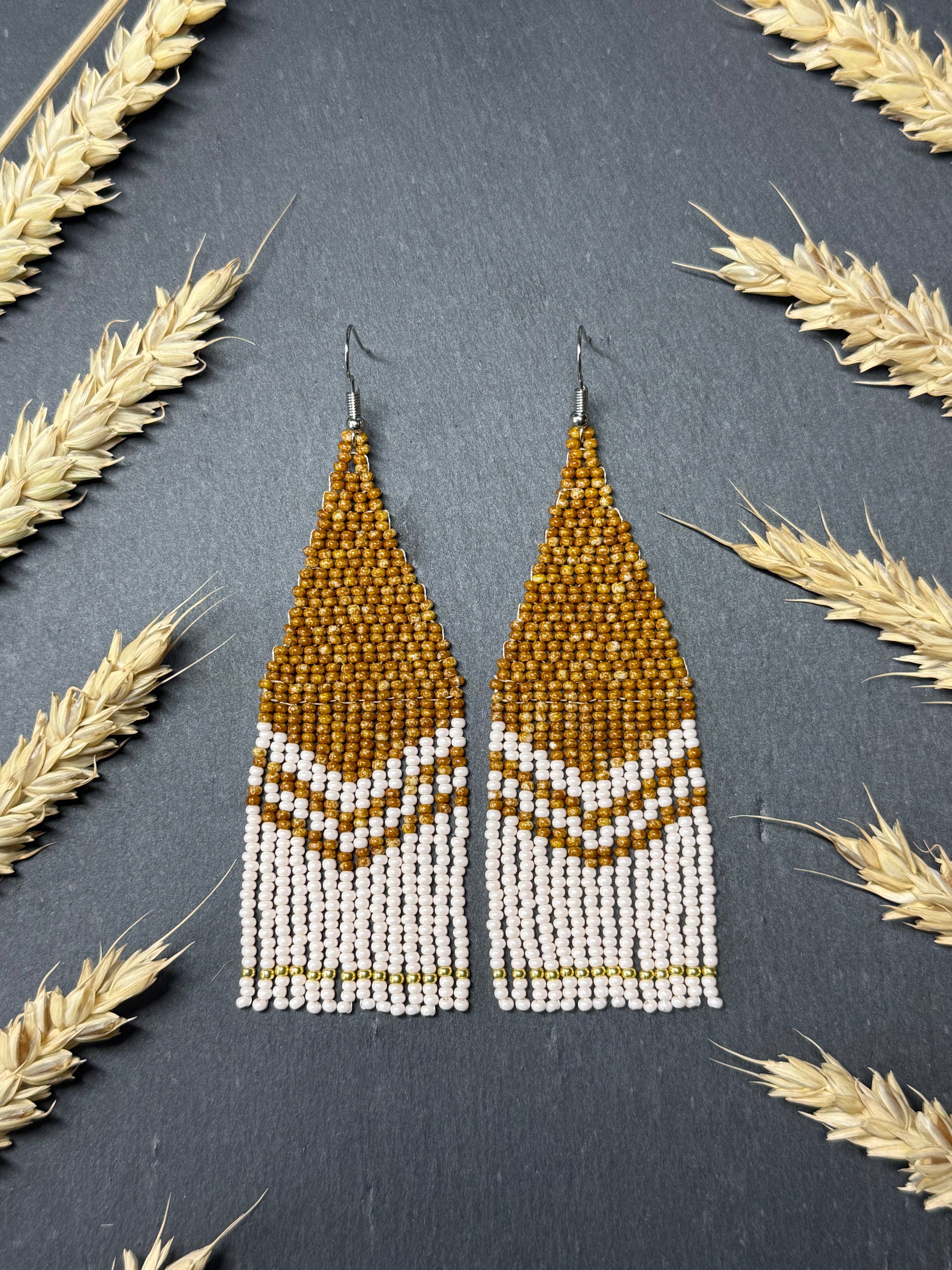 Handmade long brown and beige beaded boho earrings with fringe and silver accents. Unique native-style statement jewelry, cute bright earrings for women image 11