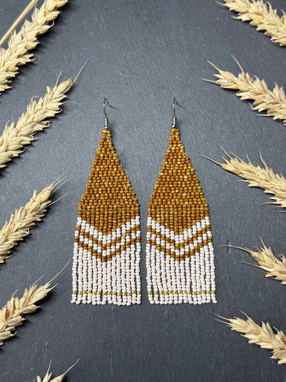 Handmade long brown and beige beaded boho earrings with fringe and silver accents. Unique native-style statement jewelry, cute bright earrings for women image 11