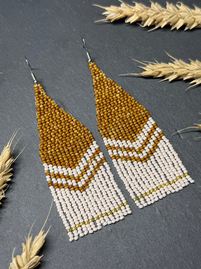 Handmade long brown and beige beaded boho earrings with fringe and silver accents. Unique native-style statement jewelry, cute bright earrings for women image 12