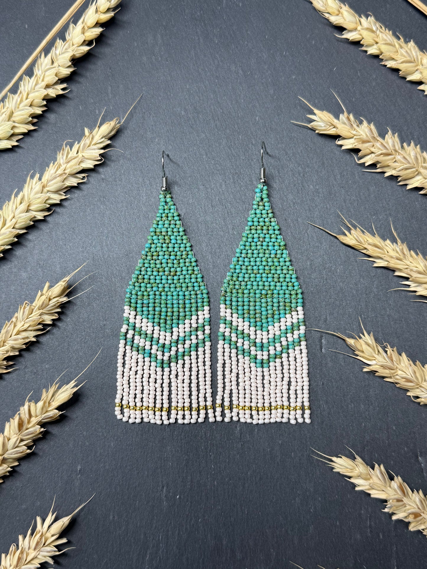 Handmade long turquoise and beige beaded boho earrings with fringe and silver accents. Unique native-style statement jewelry, cute bright earrings for women image 13