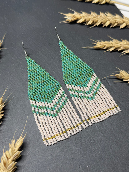 Handmade long turquoise and beige beaded boho earrings with fringe and silver accents. Unique native-style statement jewelry, cute bright earrings for women image 14