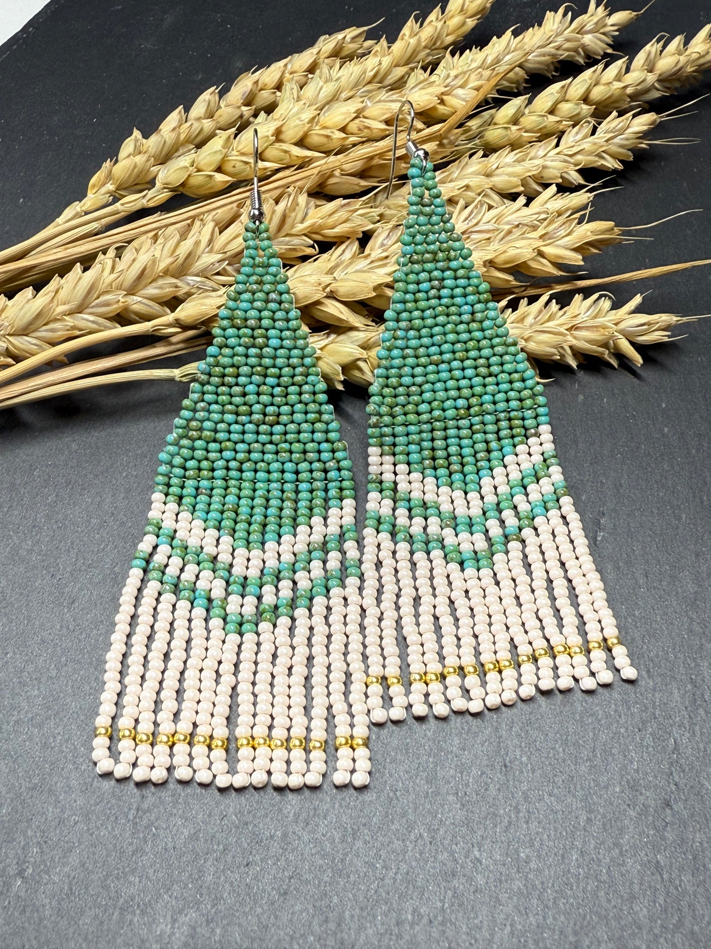 Handmade long turquoise and beige beaded boho earrings with fringe and silver accents. Unique native-style statement jewelry, cute bright earrings for women image 15