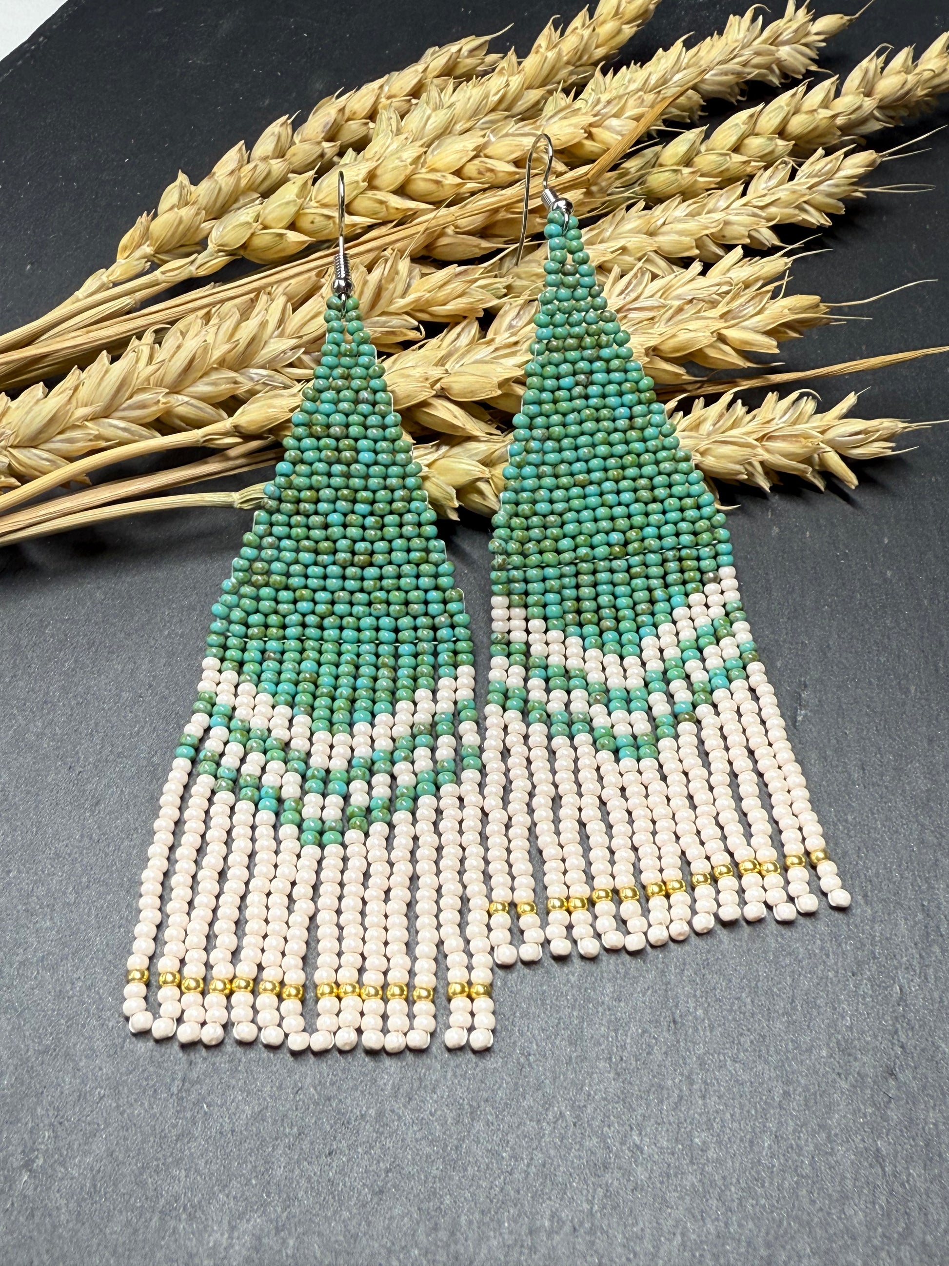Handmade long turquoise and beige beaded boho earrings with fringe and silver accents. Unique native-style statement jewelry, cute bright earrings for women image 15
