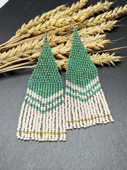 Handmade long turquoise and beige beaded boho earrings with fringe and silver accents. Unique native-style statement jewelry, cute bright earrings for women image 15