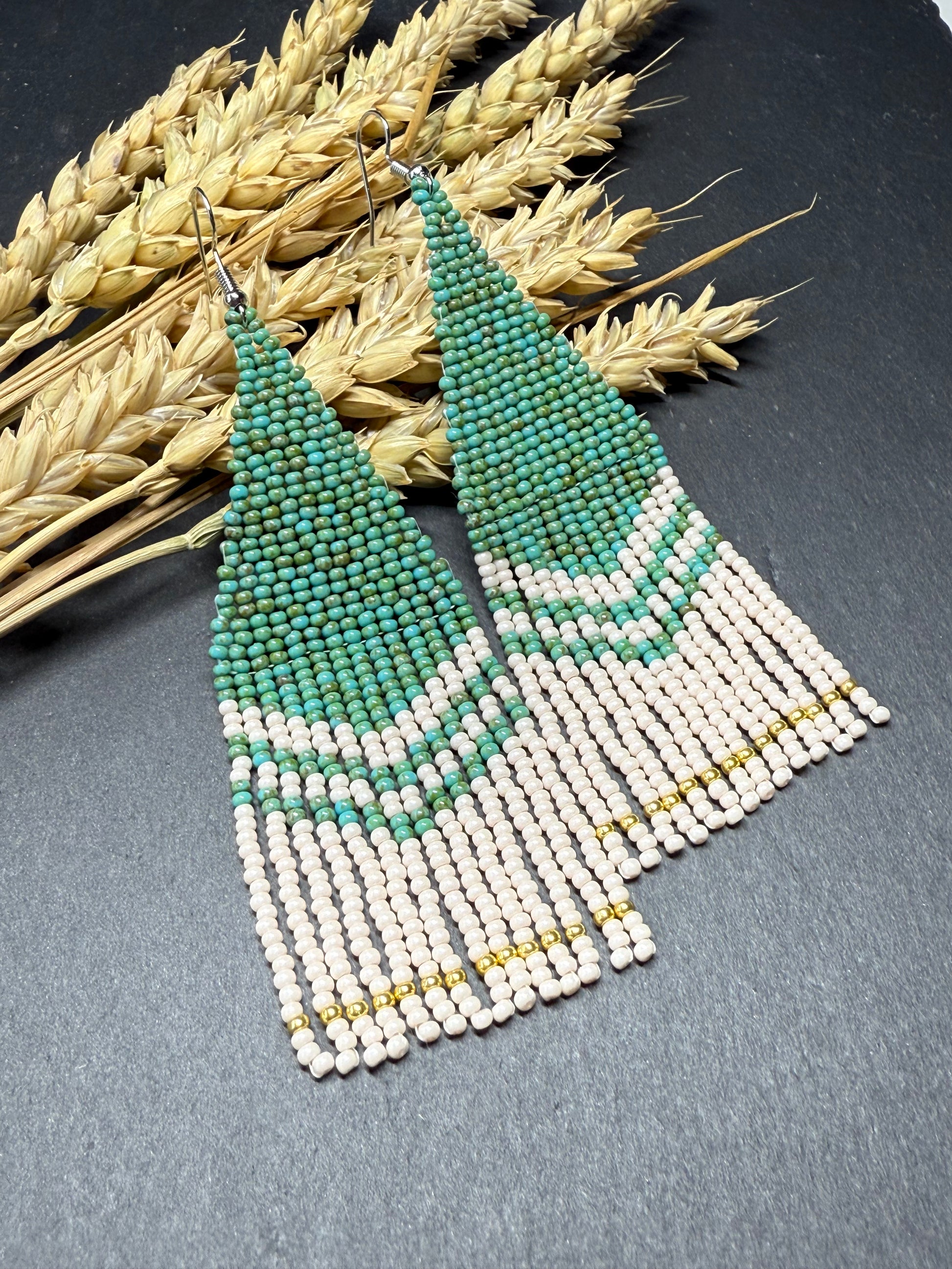 Handmade long turquoise and beige beaded boho earrings with fringe and silver accents. Unique native-style statement jewelry, cute bright earrings for women image 16