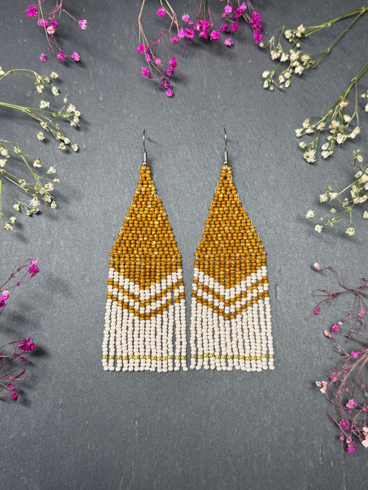 Handmade long brown and beige beaded boho earrings with fringe and silver accents. Unique native-style statement jewelry, cute bright earrings for women image 1