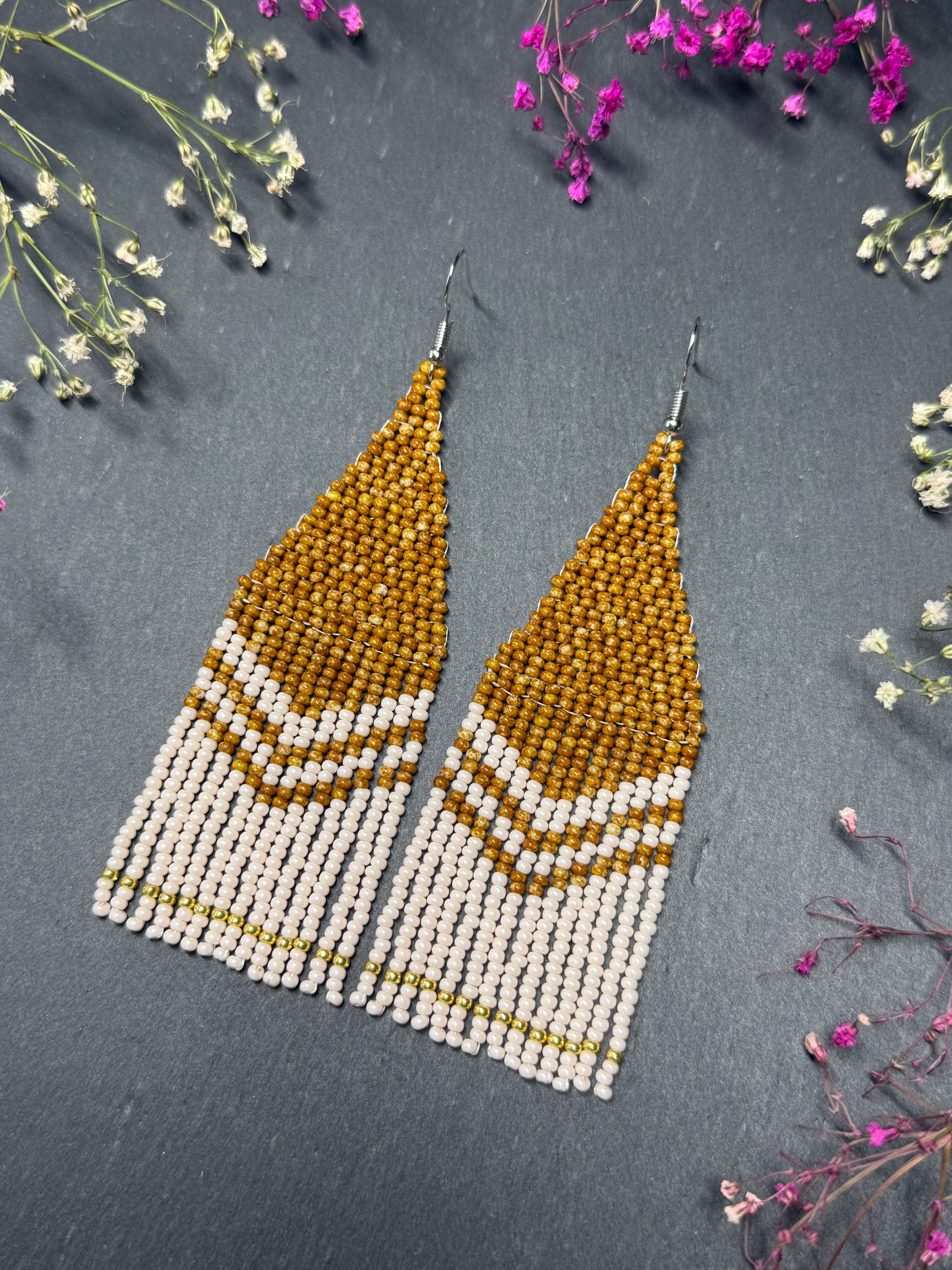 Handmade long brown and beige beaded boho earrings with fringe and silver accents. Unique native-style statement jewelry, cute bright earrings for women image 3