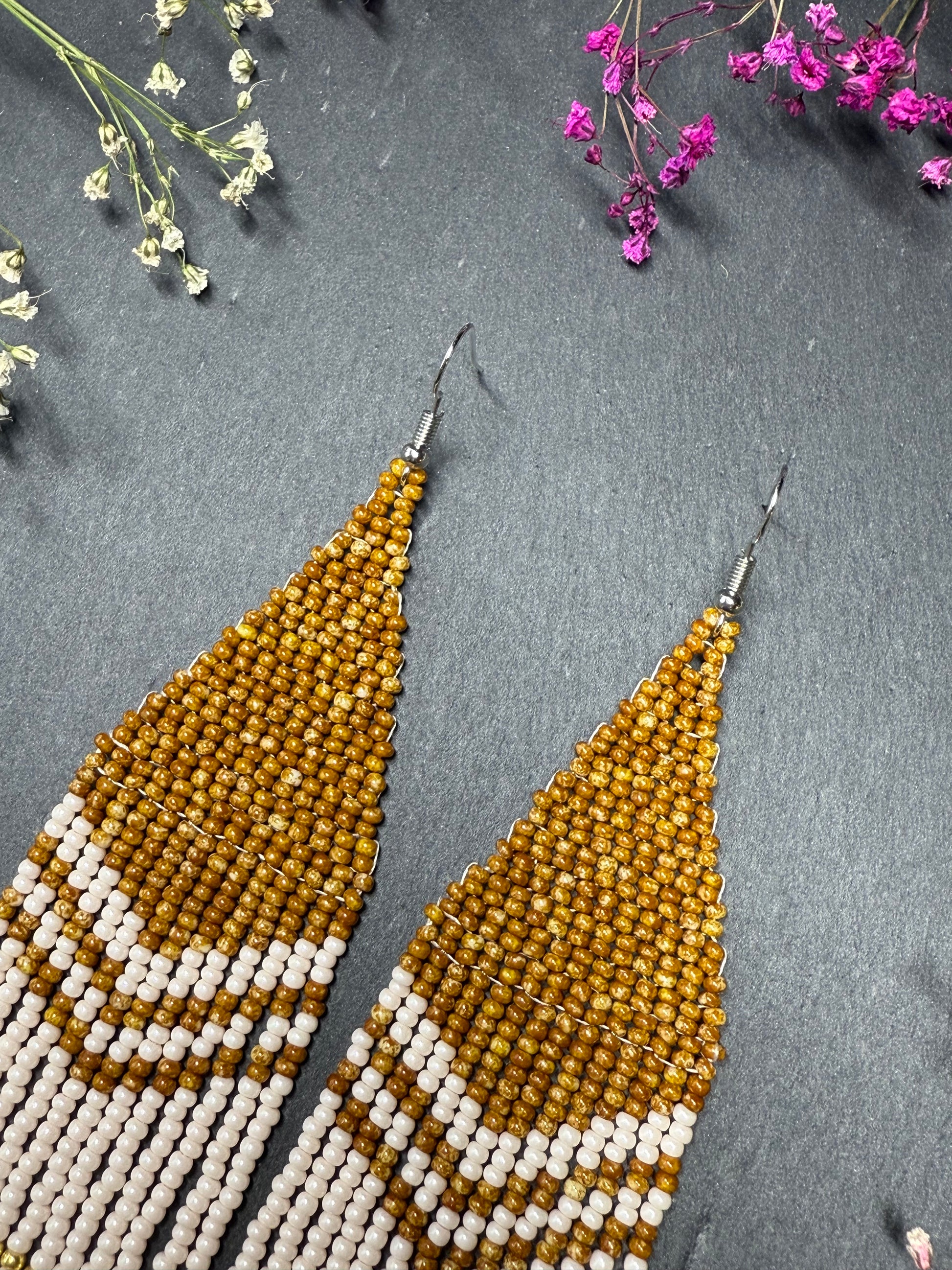 Handmade long brown and beige beaded boho earrings with fringe and silver accents. Unique native-style statement jewelry, cute bright earrings for women image 4