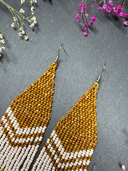 Handmade long brown and beige beaded boho earrings with fringe and silver accents. Unique native-style statement jewelry, cute bright earrings for women image 4