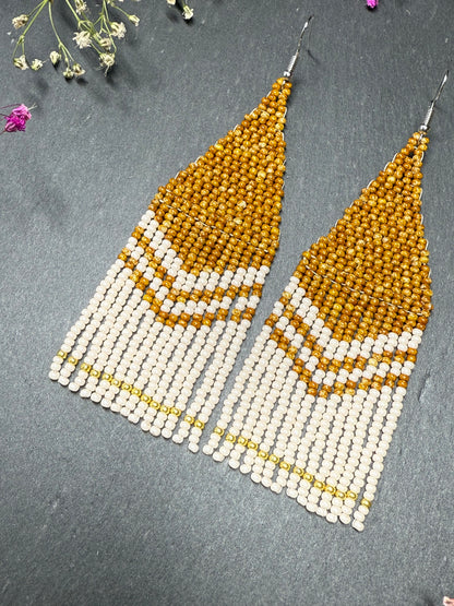 Handmade long brown and beige beaded boho earrings with fringe and silver accents. Unique native-style statement jewelry, cute bright earrings for women image 5