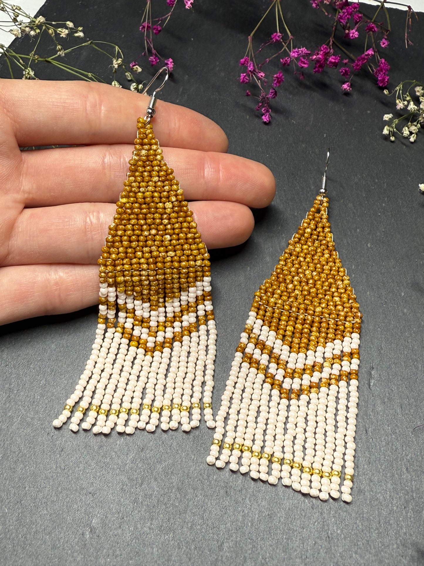 Handmade long brown and beige beaded boho earrings with fringe and silver accents. Unique native-style statement jewelry, cute bright earrings for women image 6
