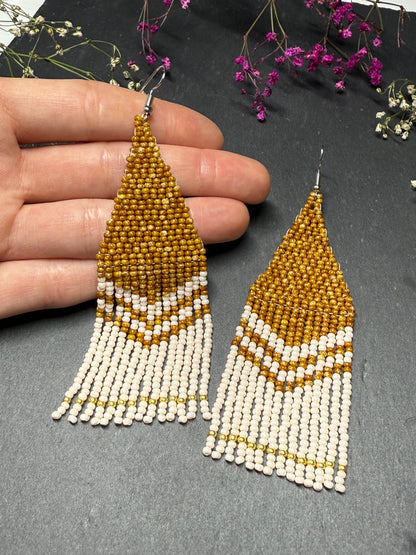 Handmade long brown and beige beaded boho earrings with fringe and silver accents. Unique native-style statement jewelry, cute bright earrings for women image 6