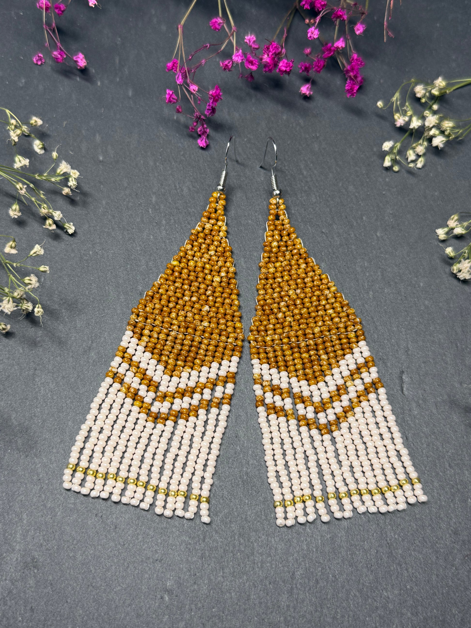 Handmade long brown and beige beaded boho earrings with fringe and silver accents. Unique native-style statement jewelry, cute bright earrings for women image 7
