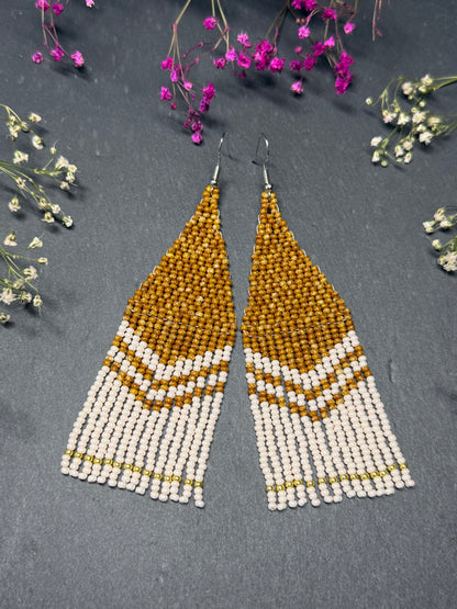 Handmade long brown and beige beaded boho earrings with fringe and silver accents. Unique native-style statement jewelry, cute bright earrings for women image 7