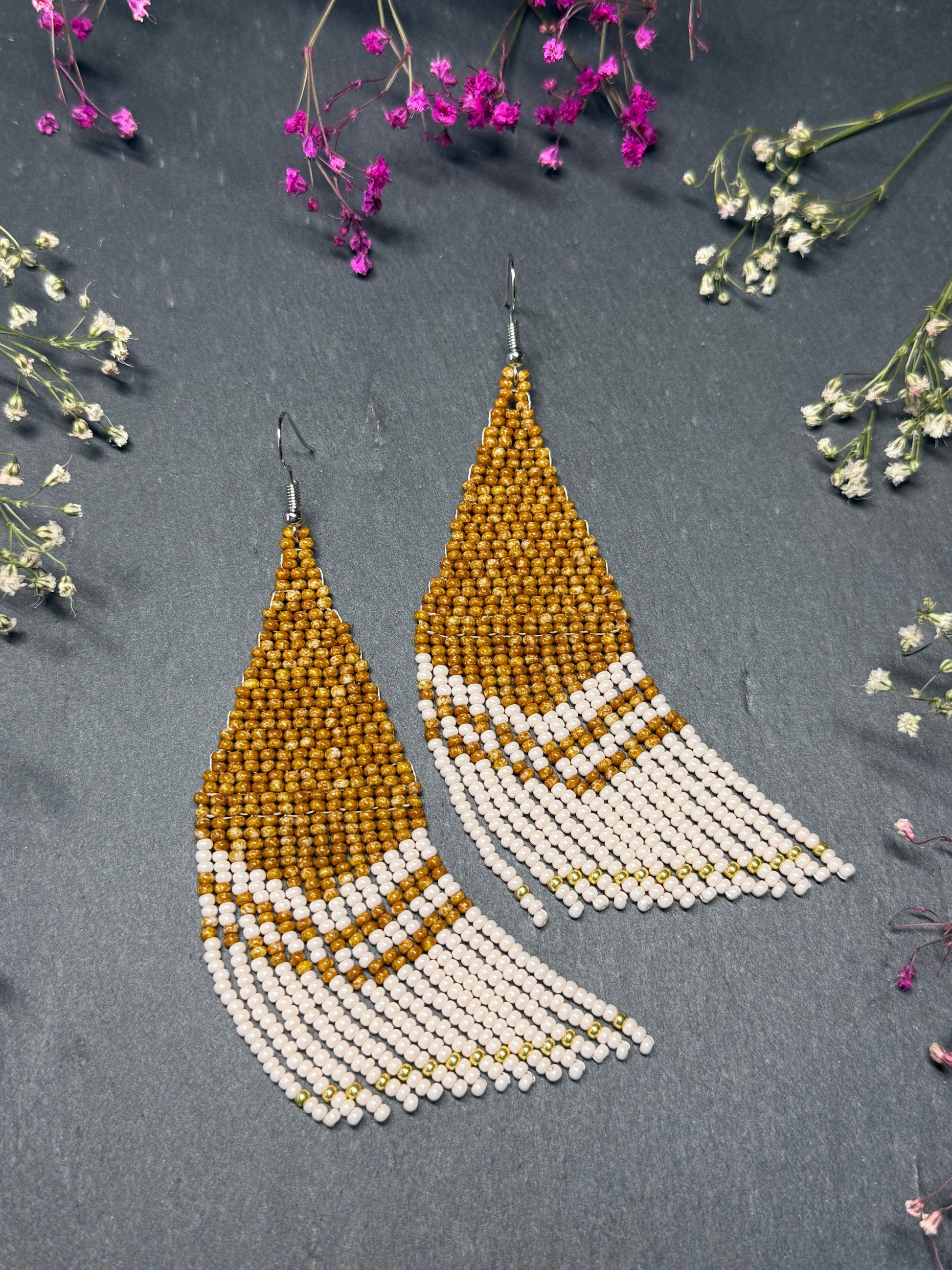 Handmade long brown and beige beaded boho earrings with fringe and silver accents. Unique native-style statement jewelry, cute bright earrings for women image 8