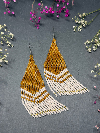 Handmade long brown and beige beaded boho earrings with fringe and silver accents. Unique native-style statement jewelry, cute bright earrings for women image 8