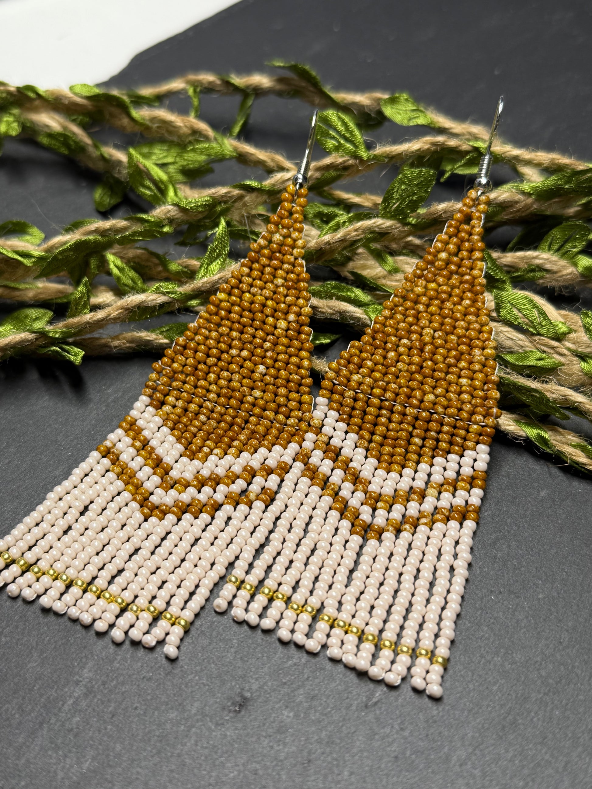 Handmade long brown and beige beaded boho earrings with fringe and silver accents. Unique native-style statement jewelry, cute bright earrings for women image 13
