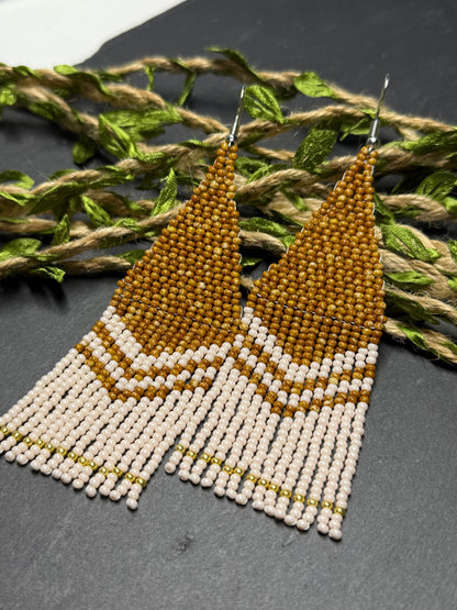 Handmade long brown and beige beaded boho earrings with fringe and silver accents. Unique native-style statement jewelry, cute bright earrings for women image 13