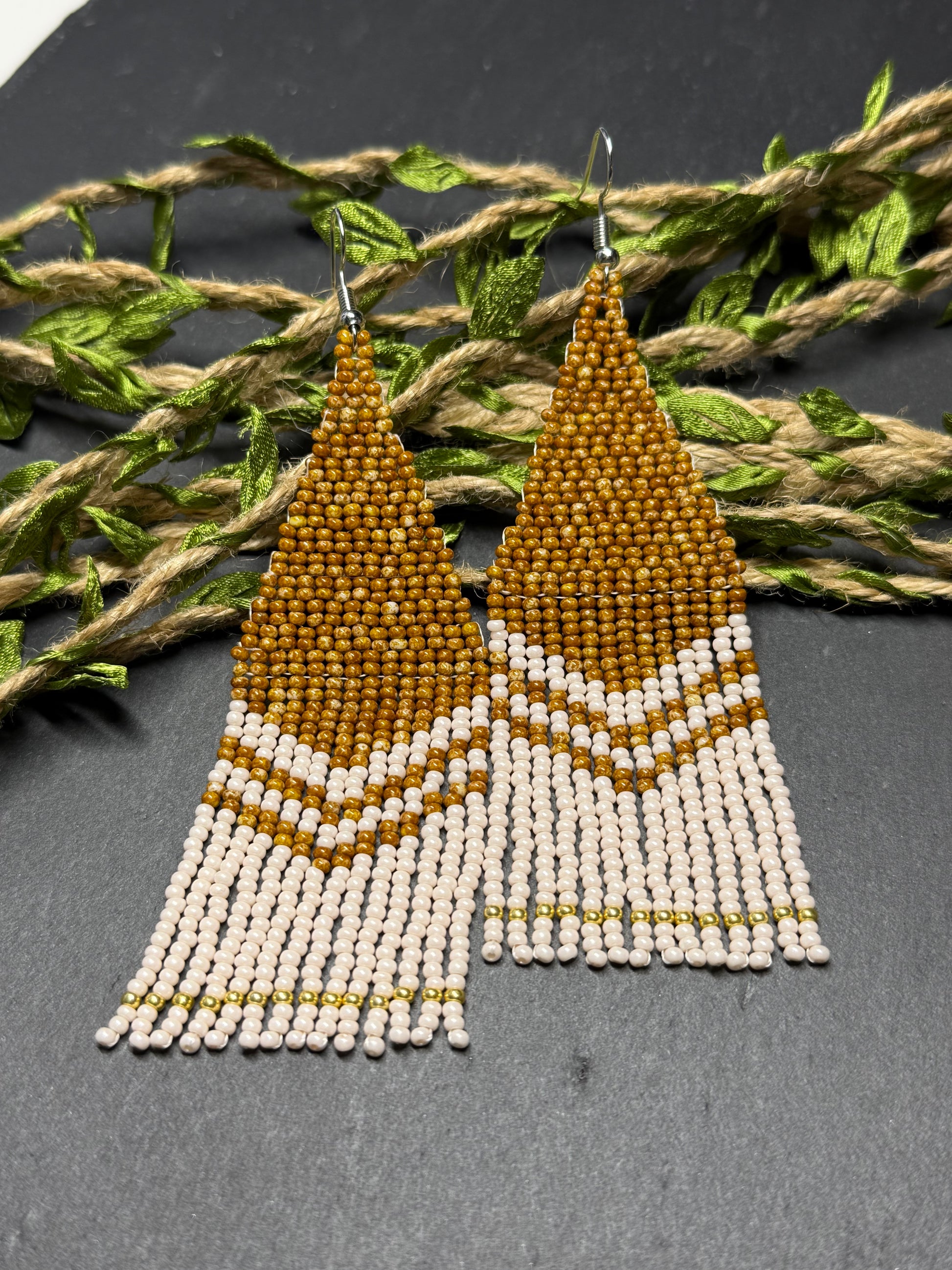 Handmade long brown and beige beaded boho earrings with fringe and silver accents. Unique native-style statement jewelry, cute bright earrings for women image 14